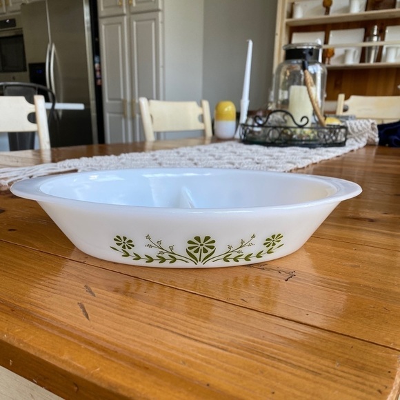 Vintage Glasbake Green Crazy Daisy Milk Glass Divided Oval Casserole Dish #J2352 - Picture 2 of 11